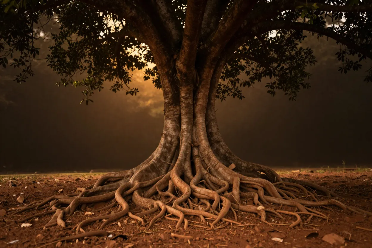 A strong tree with deep roots at golden hour