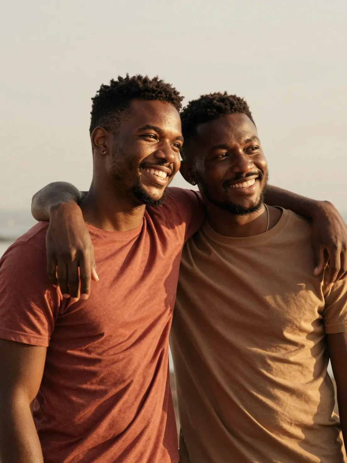 A happy young couple smiling together in warm golden light