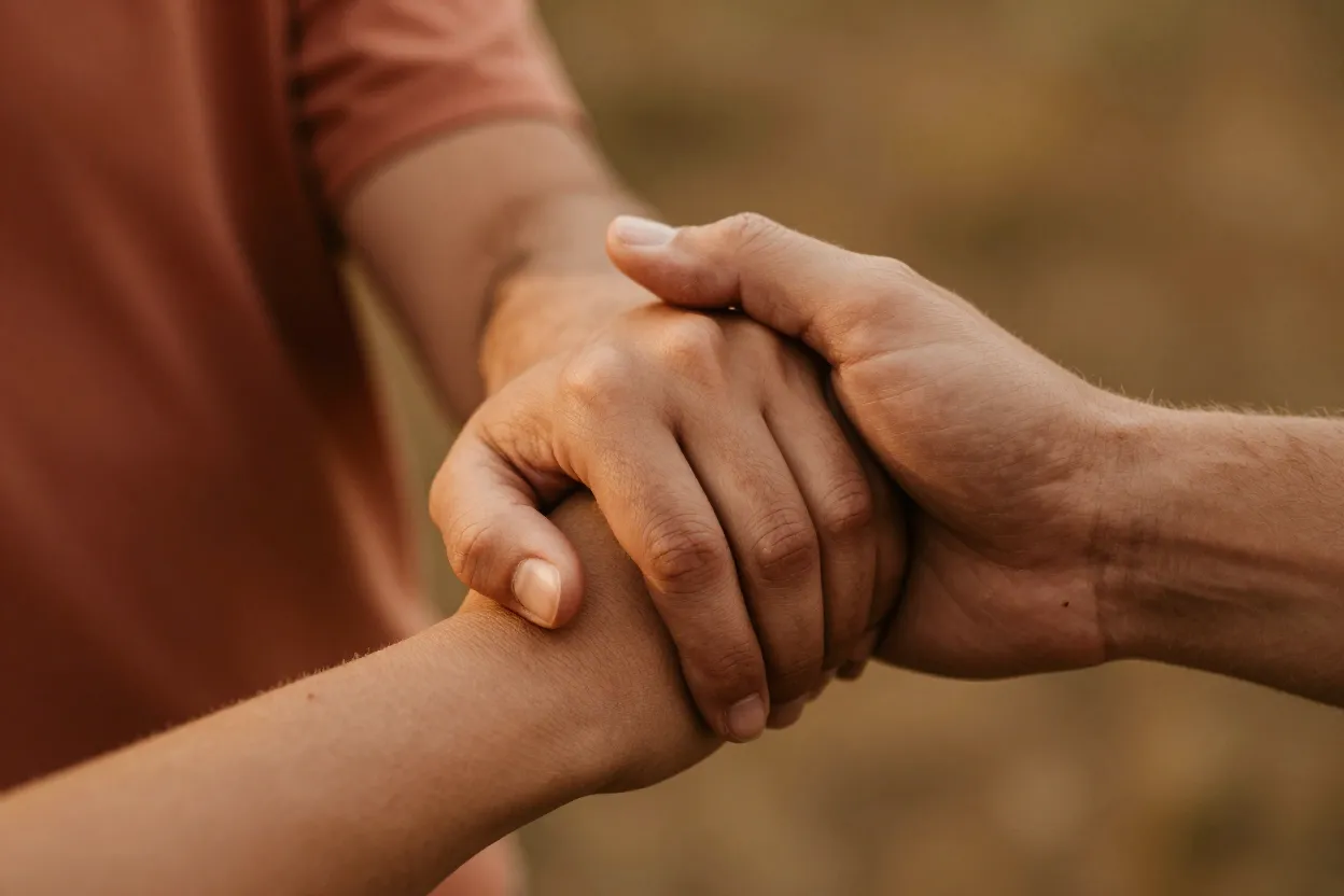 Two people's hands gently clasped together in warm light