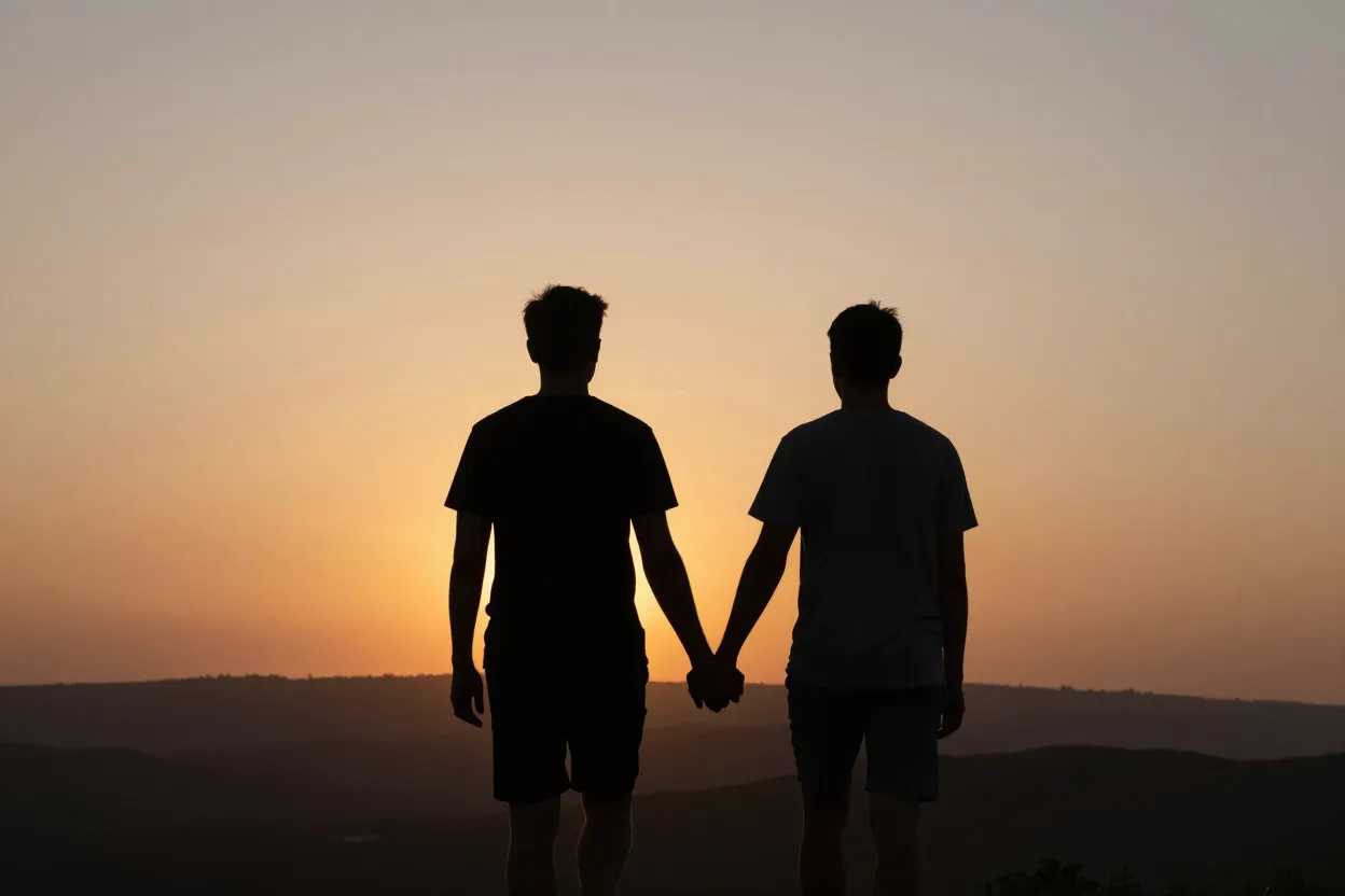 Two people holding hands, walking toward a sunset
