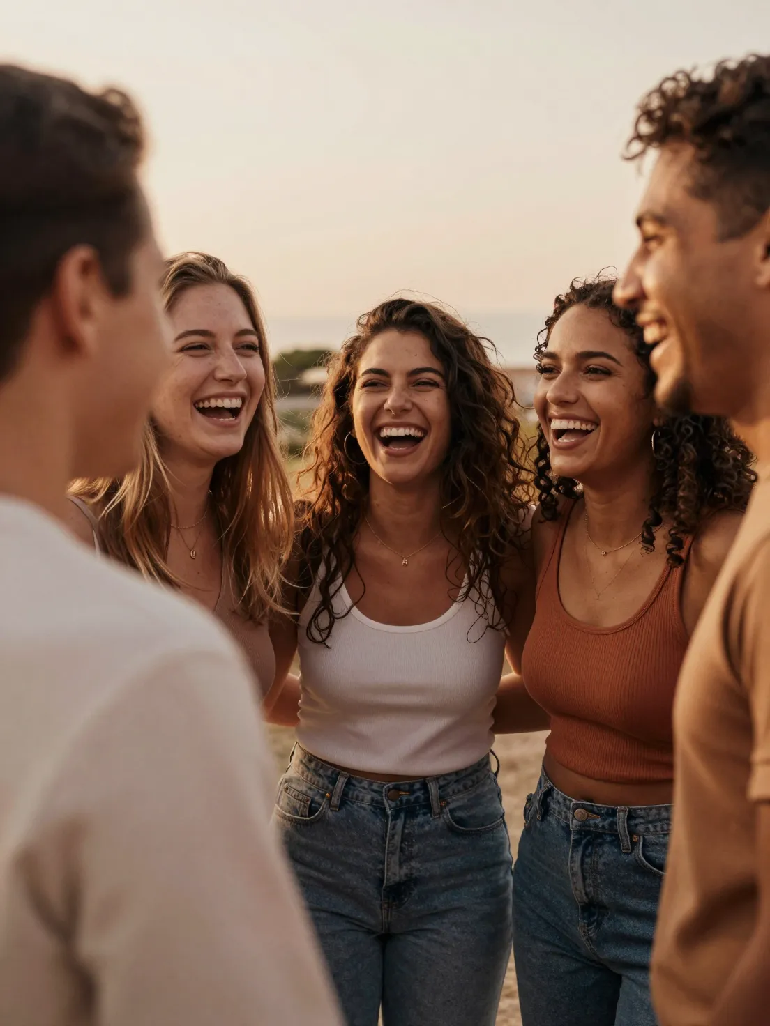 A group of friends laughing together at golden hour